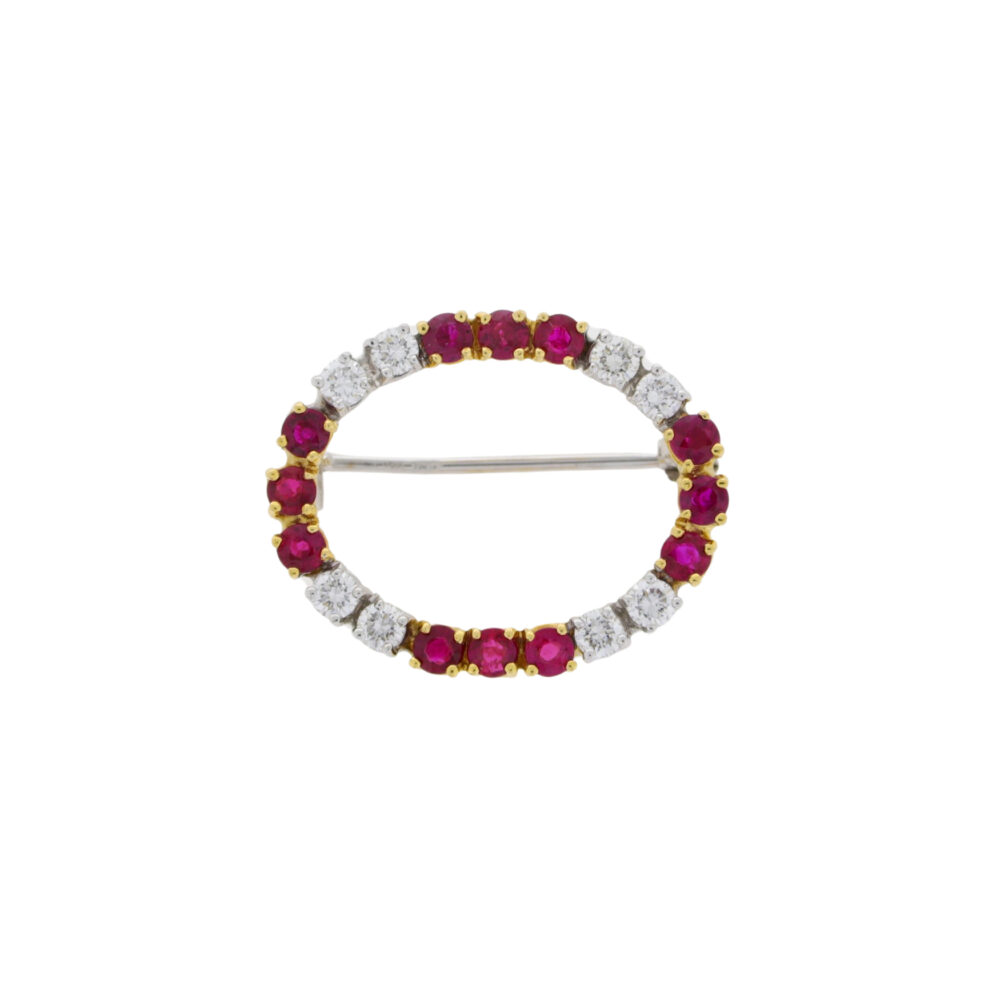 Ruby and diamond oval brooch, 18ct white and yellow gold mount