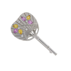 B568 Pink and yellow sapphire 18ct white gold fan brooch