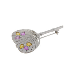 B568 Pink and yellow sapphire 18ct white gold fan brooch side