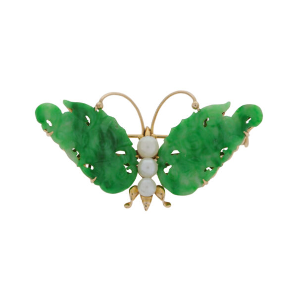 Carved jade and cultured pearl Butterfly brooch mounted in 14K gold