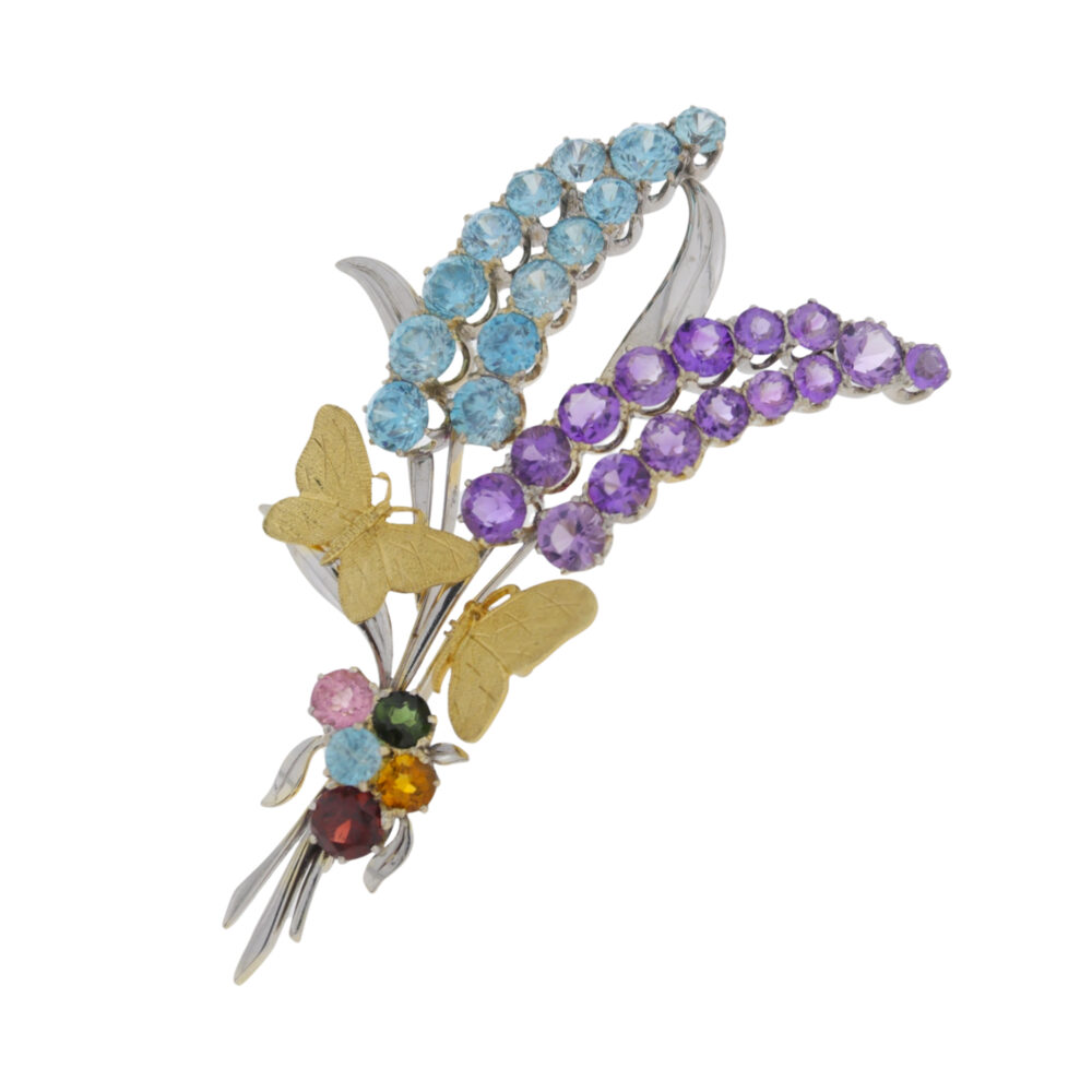 Blue Zircon, Amethyst and multi gem spray brooch, with gold butterflies, 9ct white gold mount