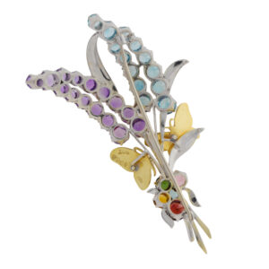 G462.2 Blue Zircon, amethyst and multi gem spray brooch with butterflies back