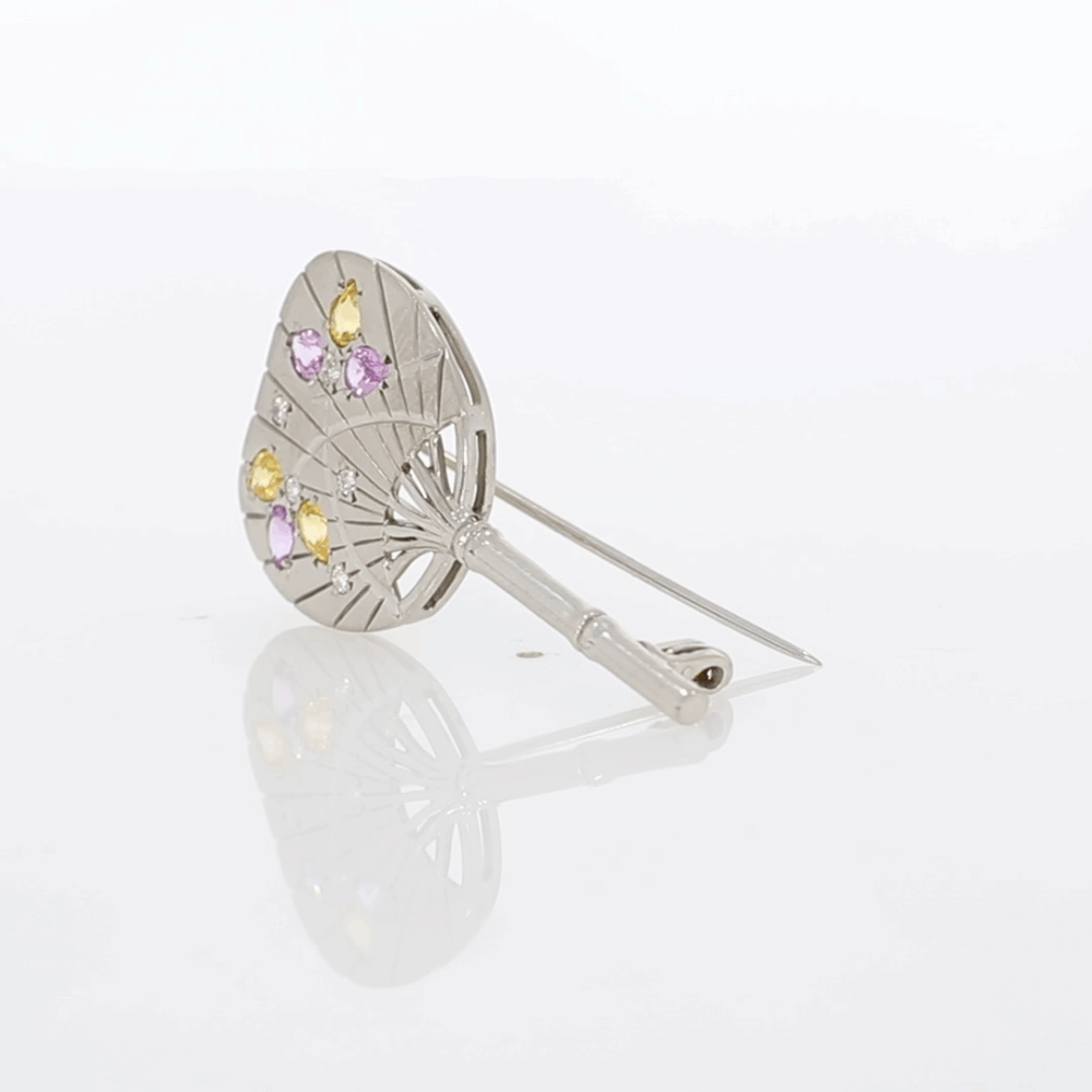 Alabaster and Wilson Pink and Yellow Sapphire and diamond 18ct white gold Fan brooch