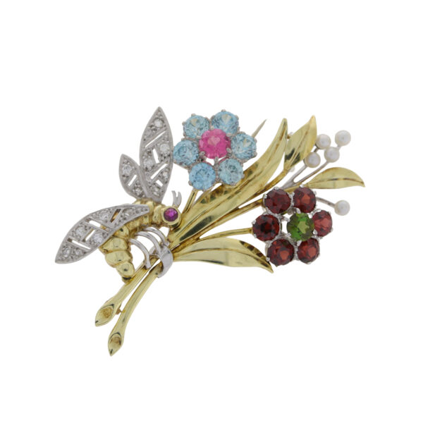 Multi Gemstone Floral Spray Brooch with Bee, Platinum and 14ct Yellow Gold