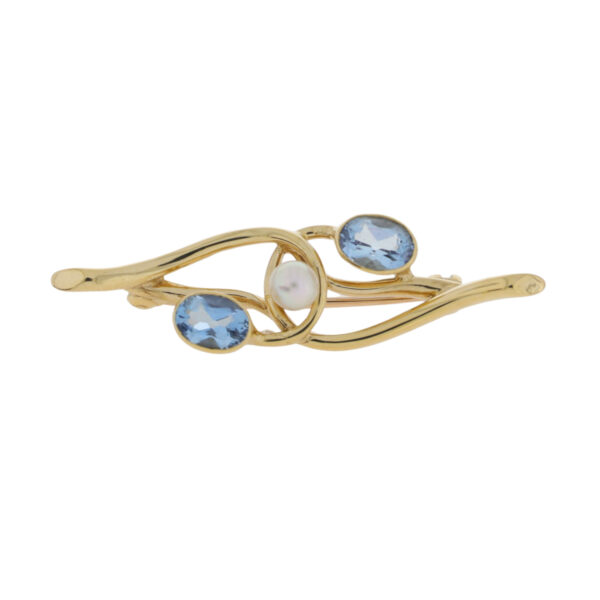 Aquamarine and cultured pearl crossover 9ct gold brooch