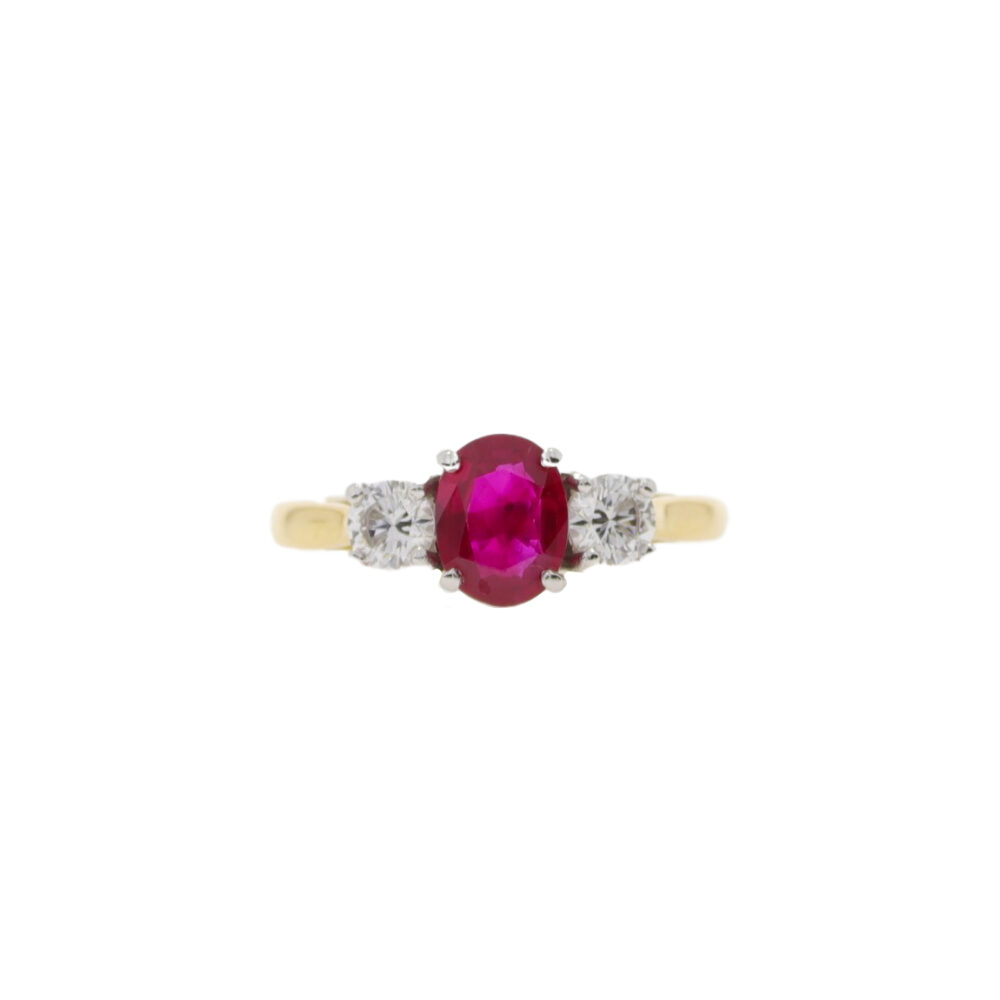 Ruby and diamond three stone ring, 18ct gold mount