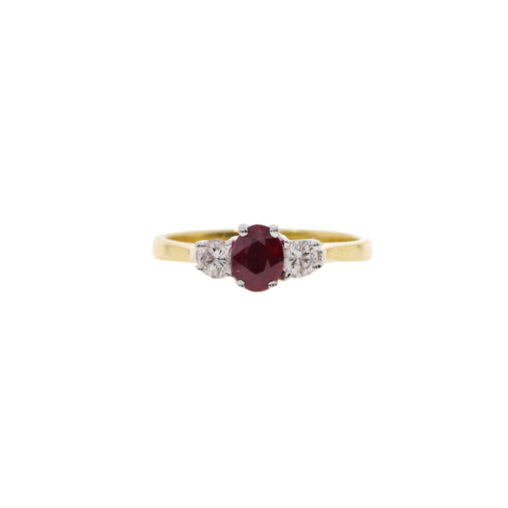 Ruby and diamond three stone ring, 18ct gold mount