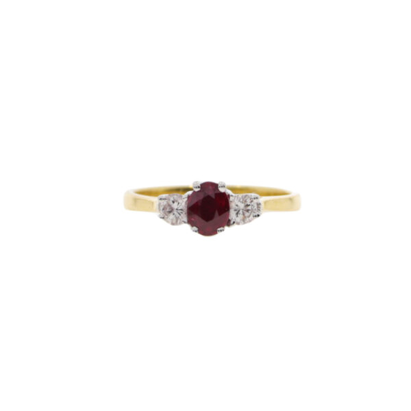Ruby and diamond three stone ring, 18ct gold mount