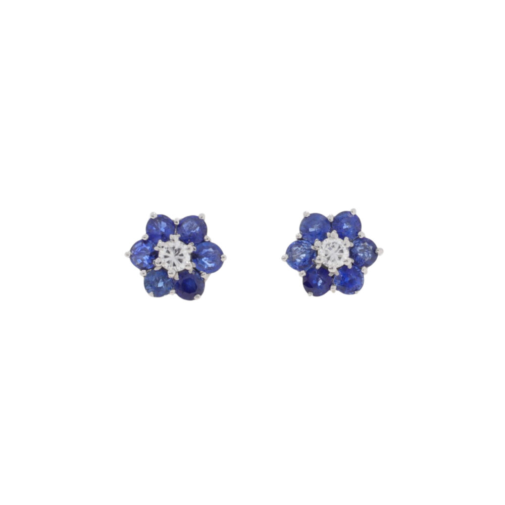 Sapphire and diamond seven stone cluster earrings, 18ct white gold mounts
