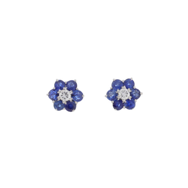 Sapphire and diamond seven stone cluster earrings, 18ct white gold mounts