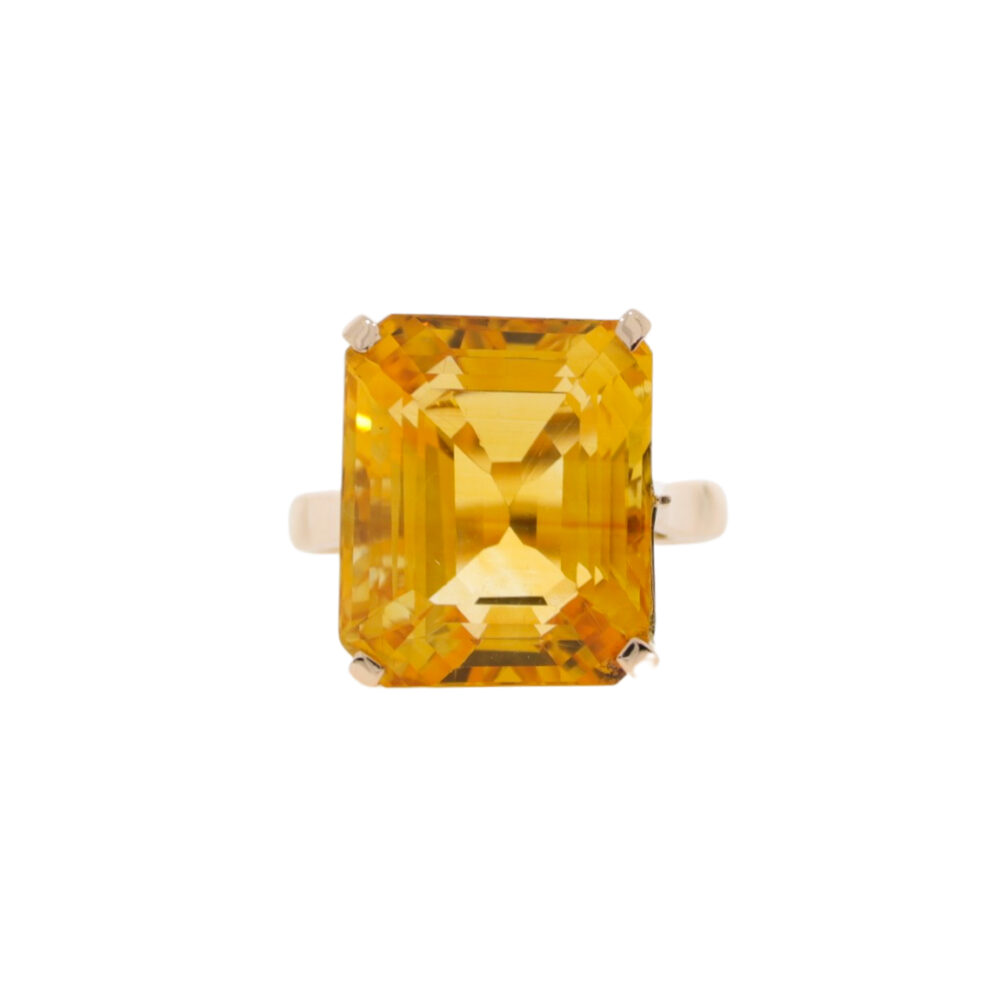 Citrine large emerald cut single stone ring, 14K rose gold mount