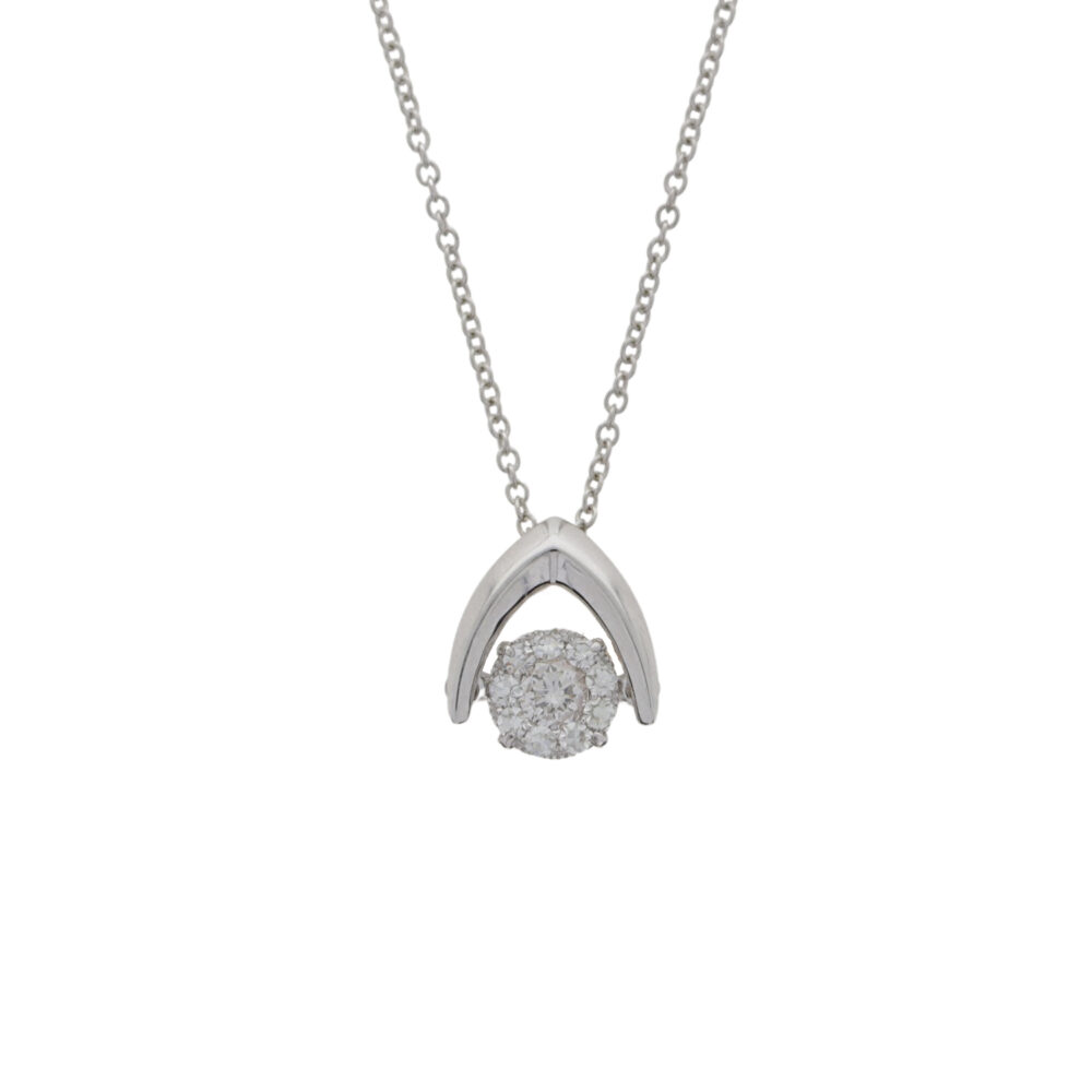 Diamond ten stone circular shimmering cluster pendant, 18ct white gold mount and necklet