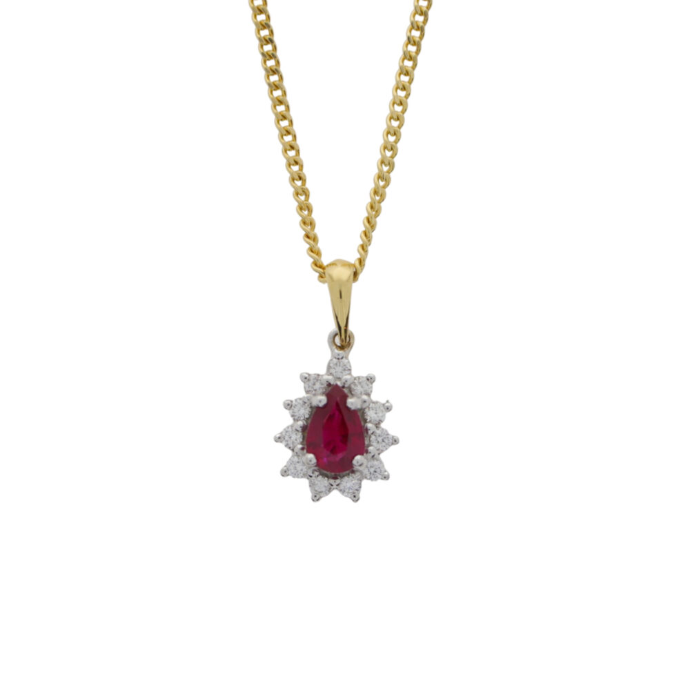 Ruby and diamond pear shaped cluster pendant, 18ct gold mount and necklet