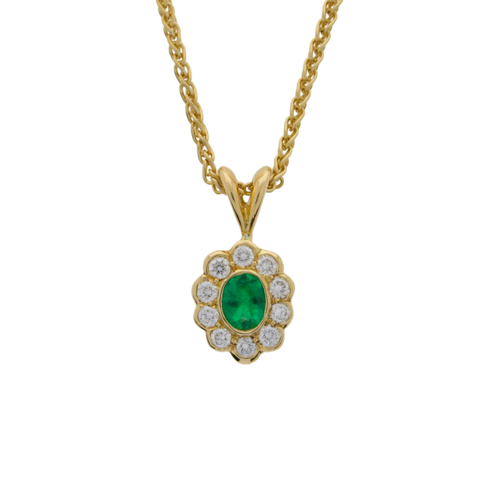Emerald and diamond oval cluster pendant, 18ct gold mount and necklet