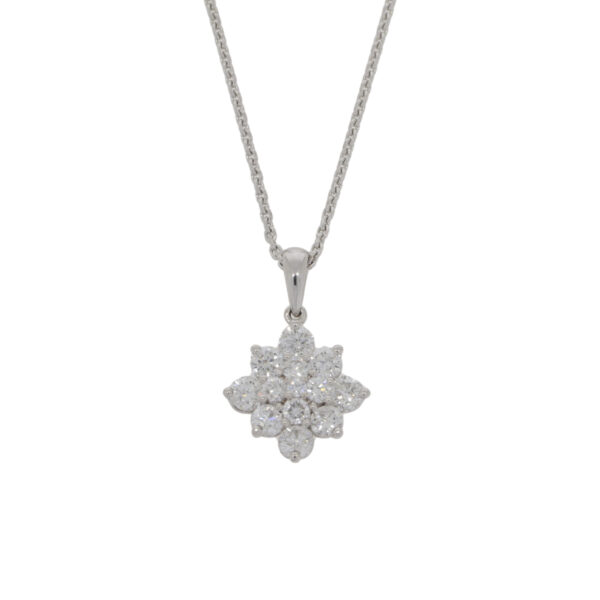 Diamond 13 stone square cluster pendant, 18ct white gold mount and necklet