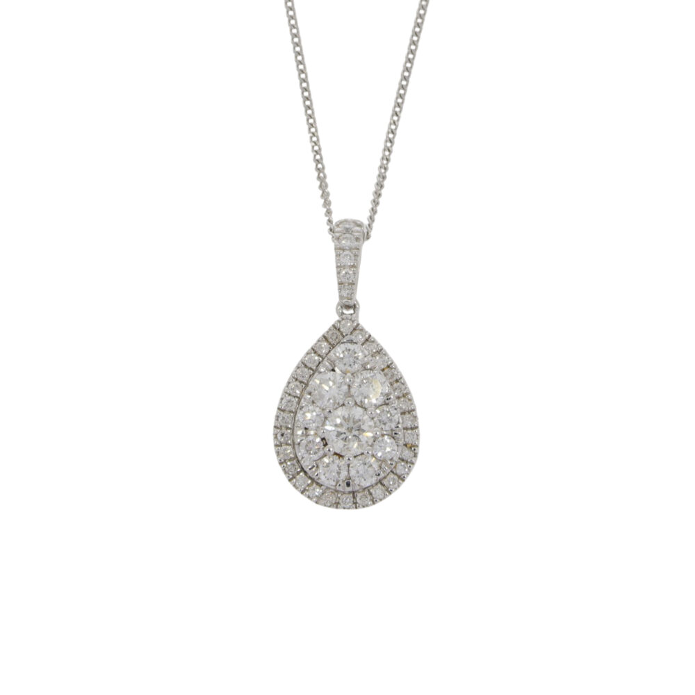 Diamond pendeloque cluster pendant, diamond set loop, platinum mount and necklet