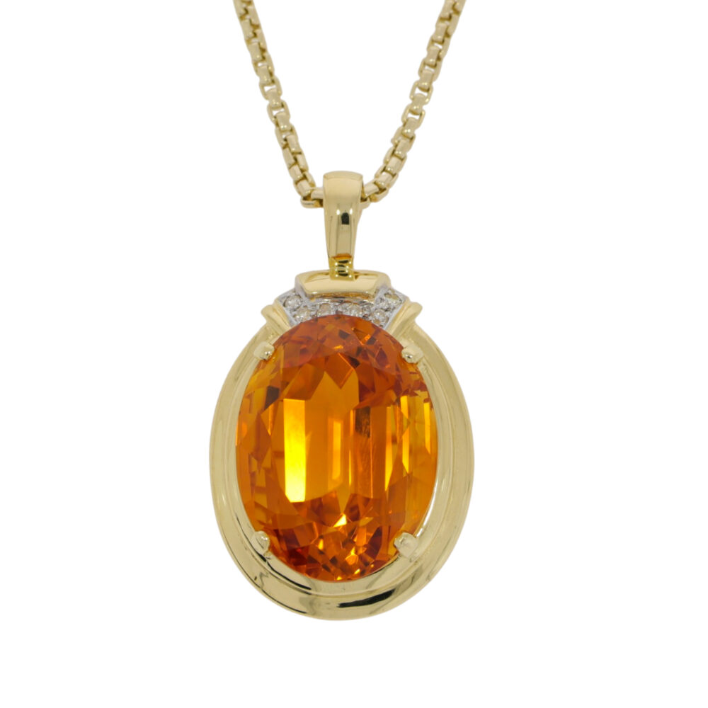 Madeira Citrine single stone pendant, 18K gold mount and 9ct gold necklet