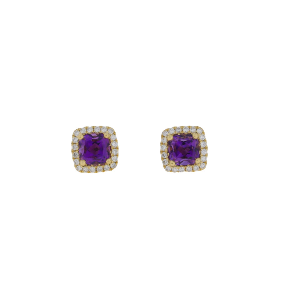 Amethyst and diamond cushion cluster earrings, 18ct gold mounts