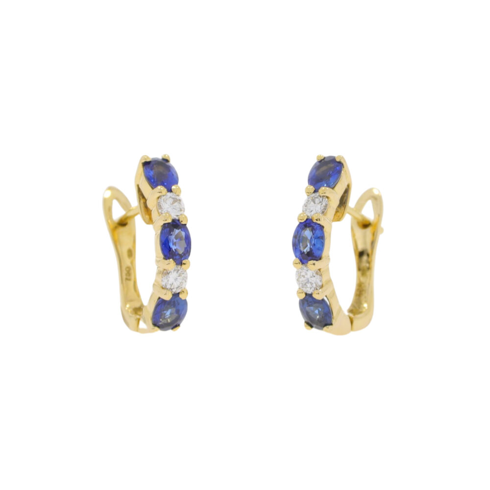 Sapphire and diamond five stone hoop earrings, 18ct yellow gold mounts