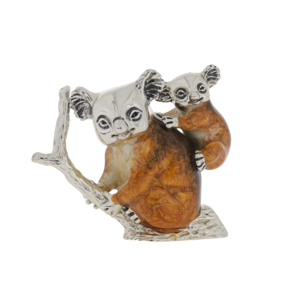 Saturno Sterling Silver and Enamel Koala Bear and Baby Ornament