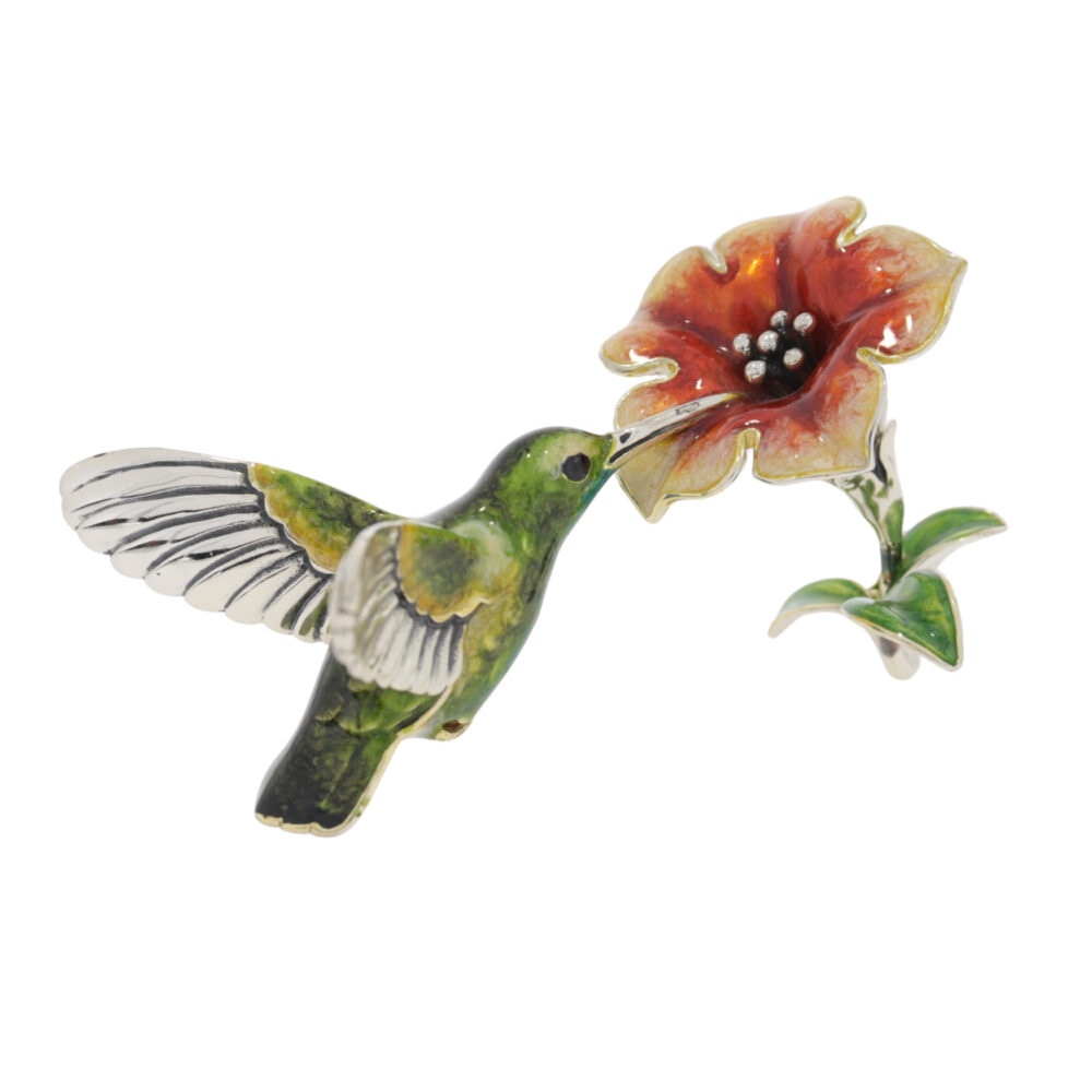 Saturno Sterling Silver and enamel Hummingbird on Orchid ornament