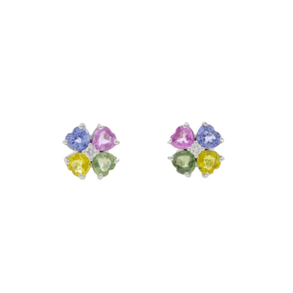 Multi coloured heart cut sapphire cluster earrings, 18ct white gold mounts