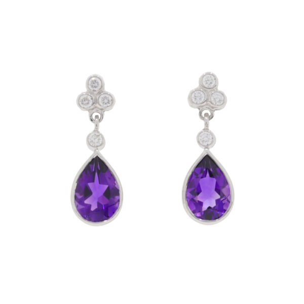 Amethyst Pendeloque cut and diamond drop earrings, 18ct white gold mounts