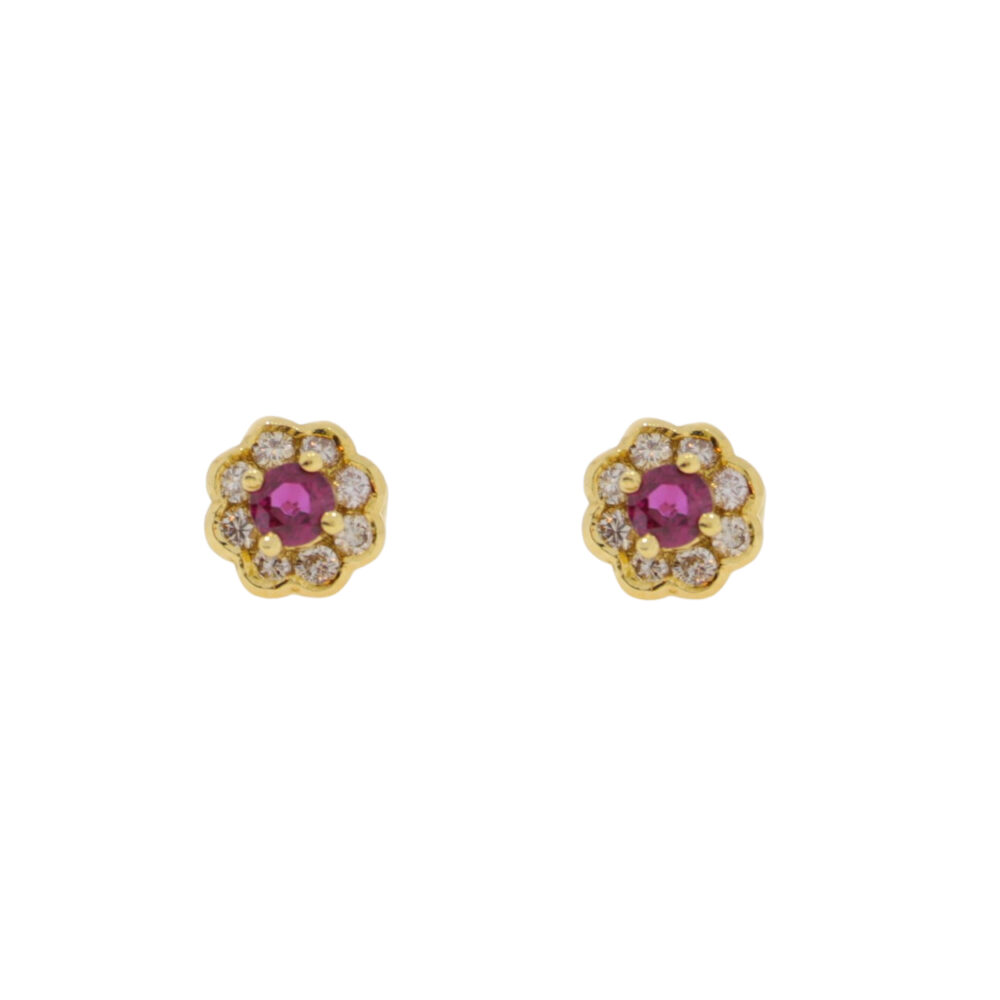 Ruby and diamond Mappin and Webb circular cluster earrings, 18ct yellow gold mounts