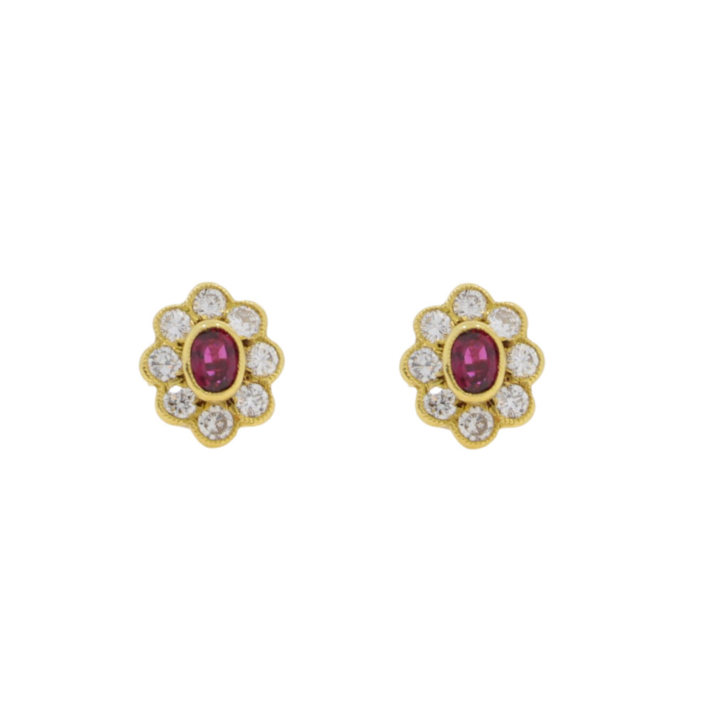 Ruby and diamond oval millegrain cluster earrings, 18ct yellow gold mounts