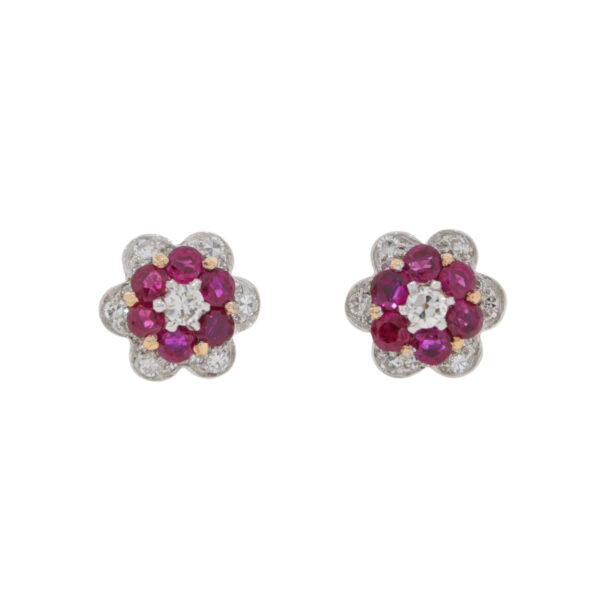Ruby and Diamond two row inverted circular cluster earrings, platinum and 18ct yellow gold mounts