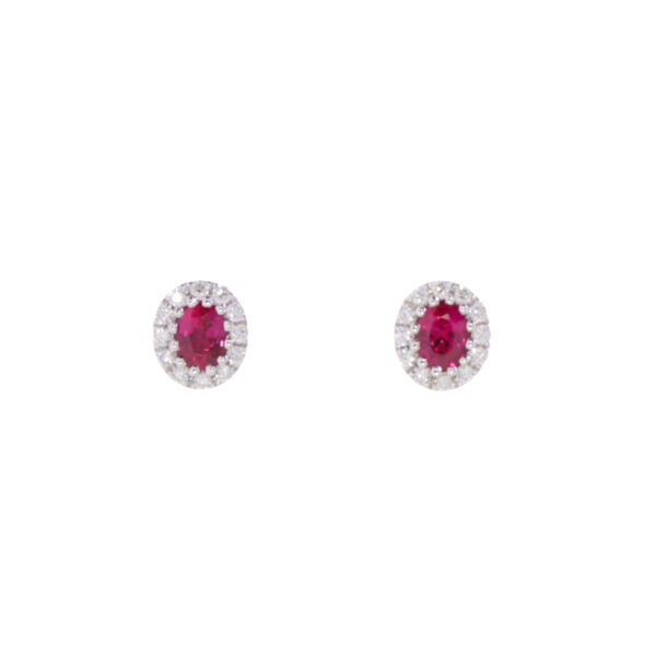 Ruby and diamond oval cluster earrings, 18ct white gold mounts
