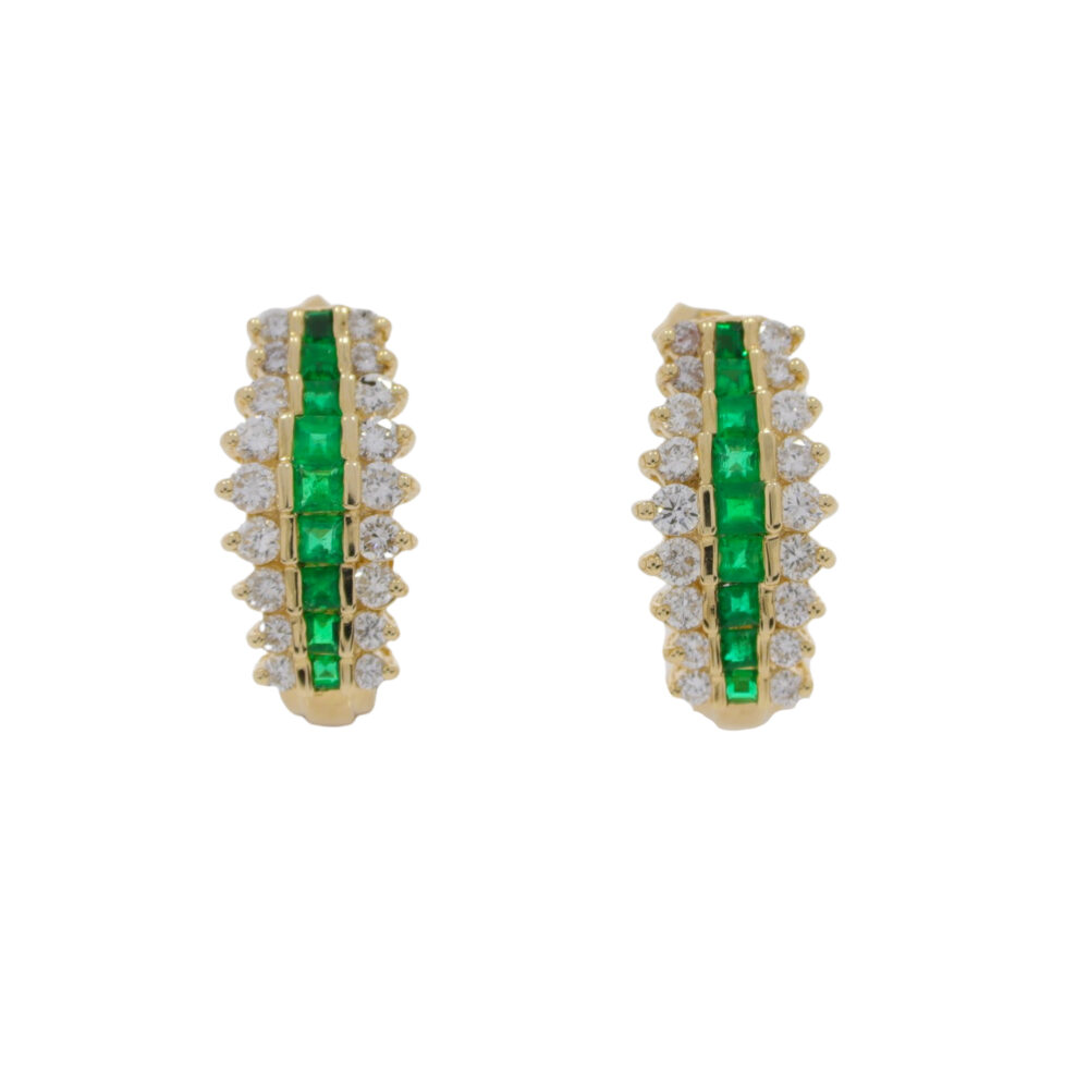 Emerald and diamond three row drop earrings, 14k gold mounts