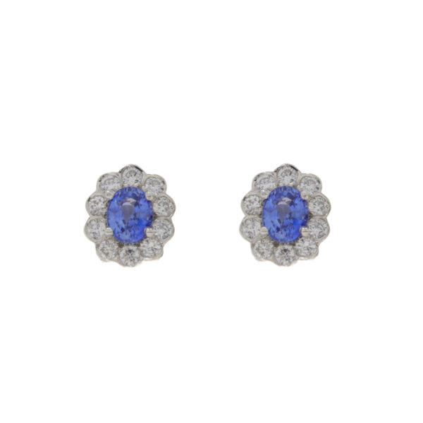 Sapphire and diamond cluster earrings, 18ct white gold mounts