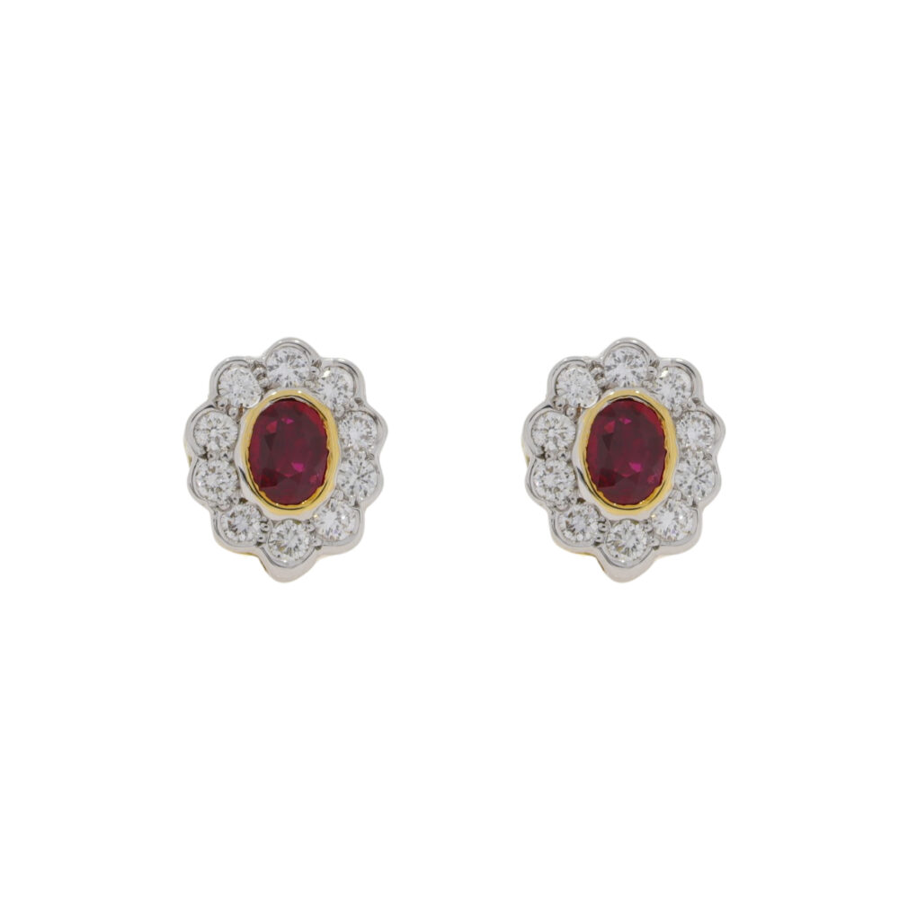 Ruby and diamond oval cluster earrings, 18ct yellow gold mounts