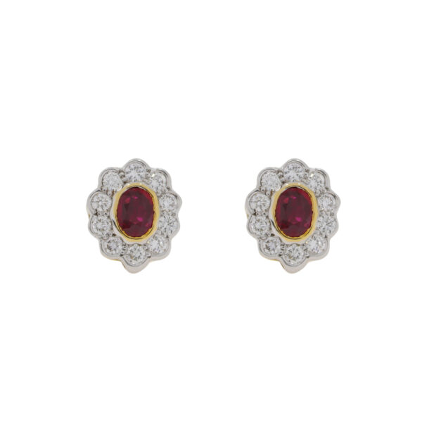 Ruby and diamond oval cluster earrings, 18ct yellow gold mounts