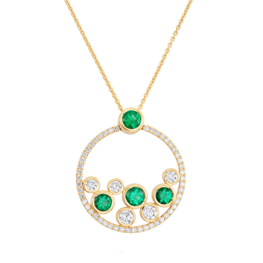 Emerald and diamond open circle cluster 18ct yellow gold pendant and necklet