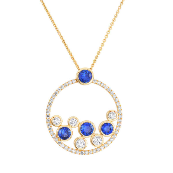 Sapphire and diamond open circle cluster 18ct yellow gold pendant and necklet