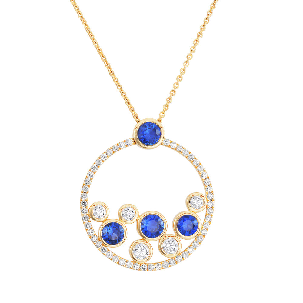 Sapphire and diamond open circle cluster 18ct yellow gold pendant and necklet
