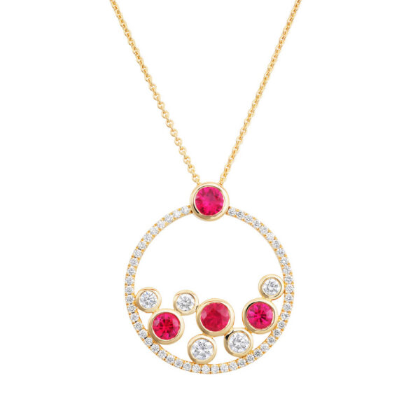 Ruby and diamond open circle cluster 18ct yellow gold pendant and necklet