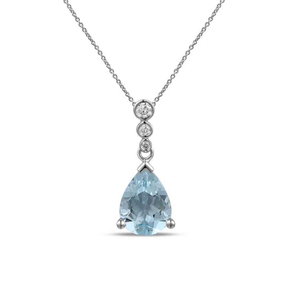 Aquamarine and diamond drop pendant 18ct white gold mount and necklet