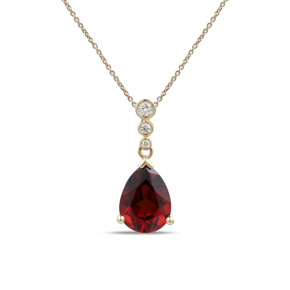Garnet and diamond drop pendant 18ct yellow gold mount and necklet