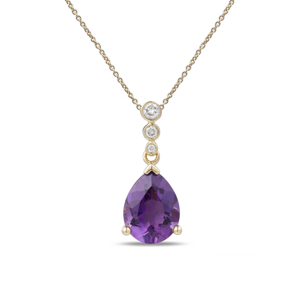 Amethyst and diamond drop pendant 18ct yellow gold mount and necklet