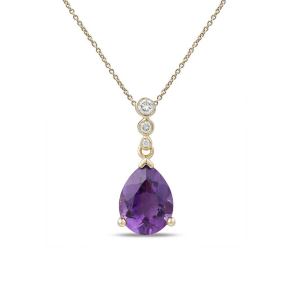 Amethyst and diamond drop pendant 18ct yellow gold mount and necklet