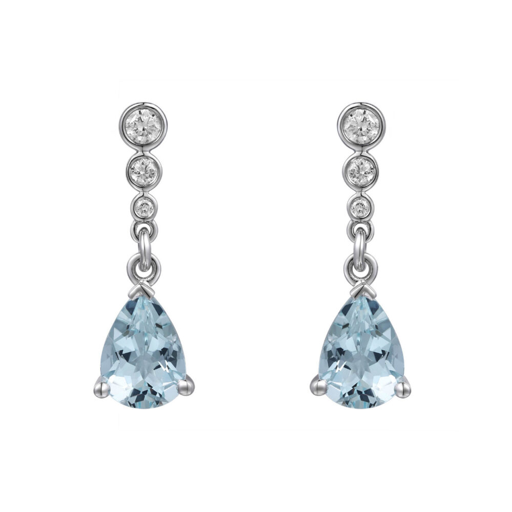 Aquamarine and diamond drop earrings, 18ct white gold mounts