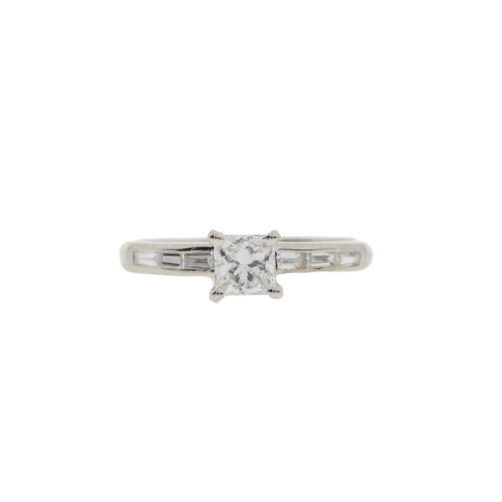 Diamond princess cut single stone ring, baguette diamond shoulders, platinum mount