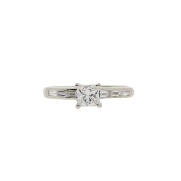 Diamond princess cut single stone ring, baguette diamond shoulders, platinum mount