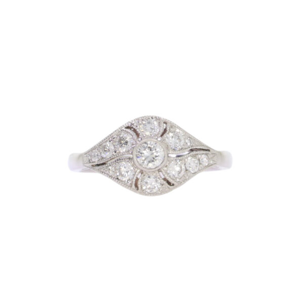 Diamond crossover millegrain cluster ring, platinum mount
