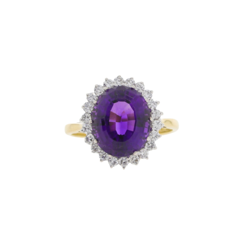 Amethyst and diamond cluster ring, 18ct yellow gold mount