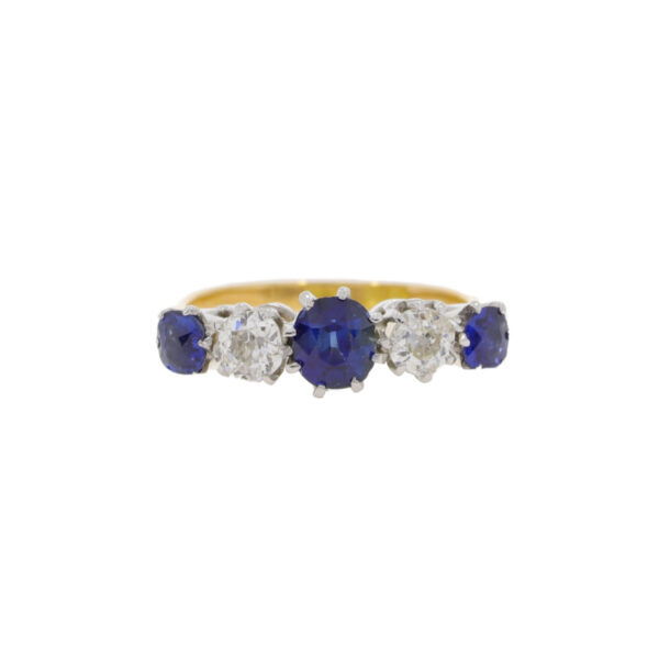 Sapphire and diamond graduated five stone ring, 18ct yellow gold mount