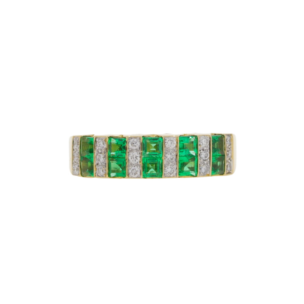 Emerald two row and diamond half eternity dress ring, 18ct yellow gold mount